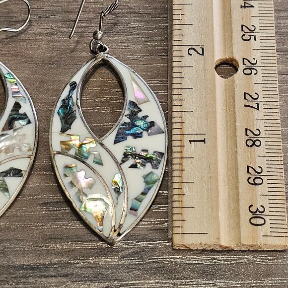 Vintage Alpaca Silver & Abalone Teardrop Cutout Dangle Earrings - Picture 3 of 5